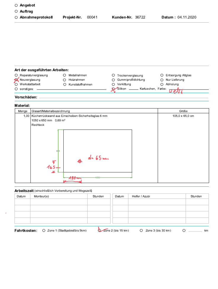 Auftragsdokumentation – Originalabbildung aus BC-GlasSoft